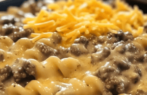 Cheesy Ground Beef Stroganoff Pasta Casserole