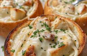 Chicken Alfredo Garlic Bread Bowls