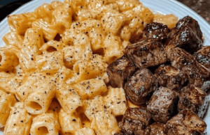 Cajun Steak Tips in Cheesy Rigatoni Parmesan Sauce