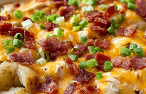 Loaded Baked Potato and Chicken Casserole – Creamy, Cheesy Comfort in One Dish