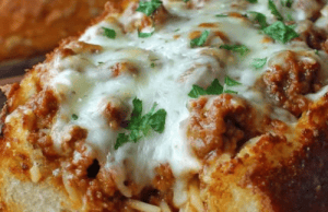 Spaghetti Stuffed Garlic Bread – A Cheesy, Meaty Twist on Comfort Food